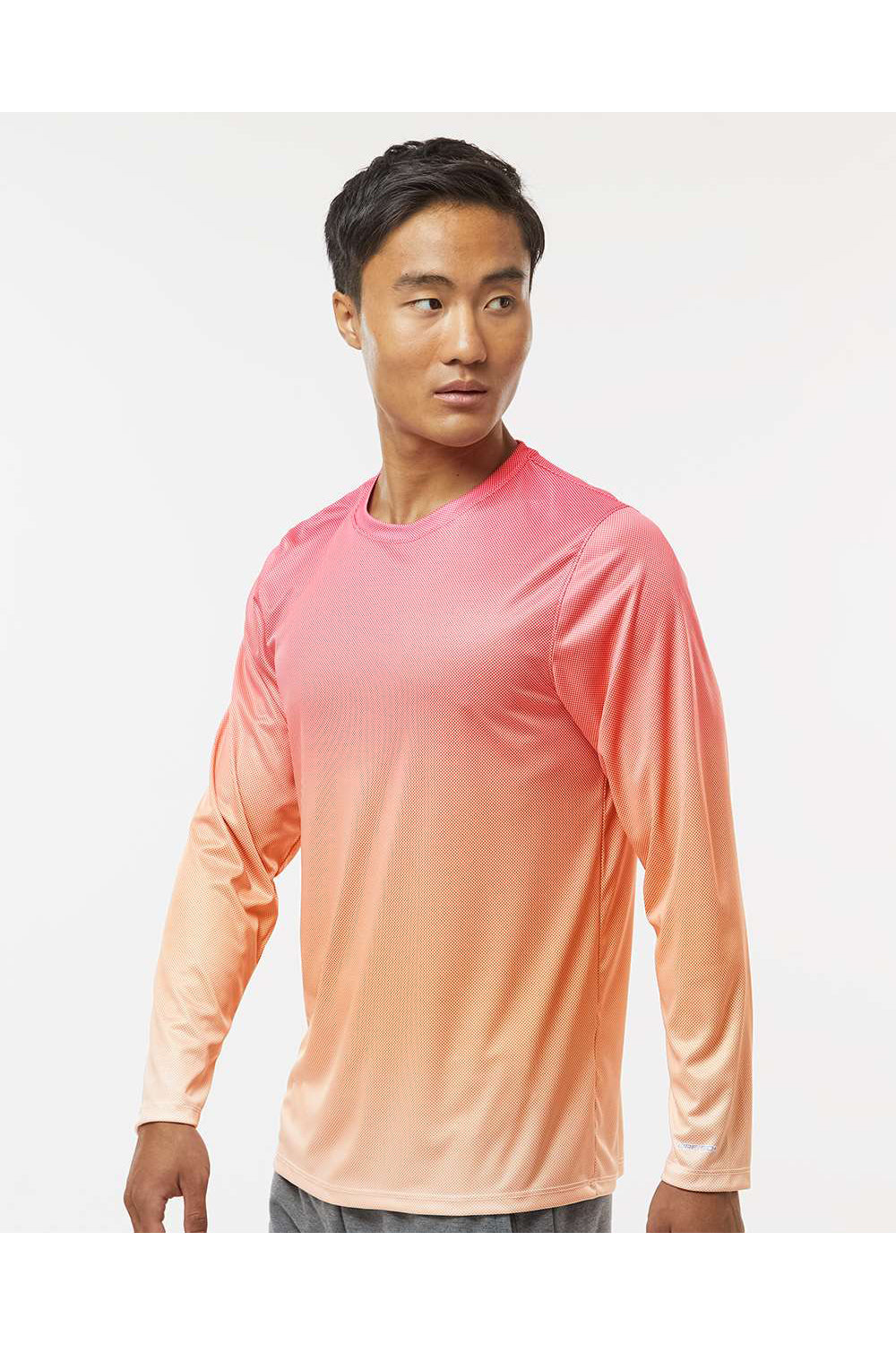 Paragon 225 Mens Barbados Performance Pin Dot Long Sleeve Crewneck T-Shirt Red/Light Orange Model Side