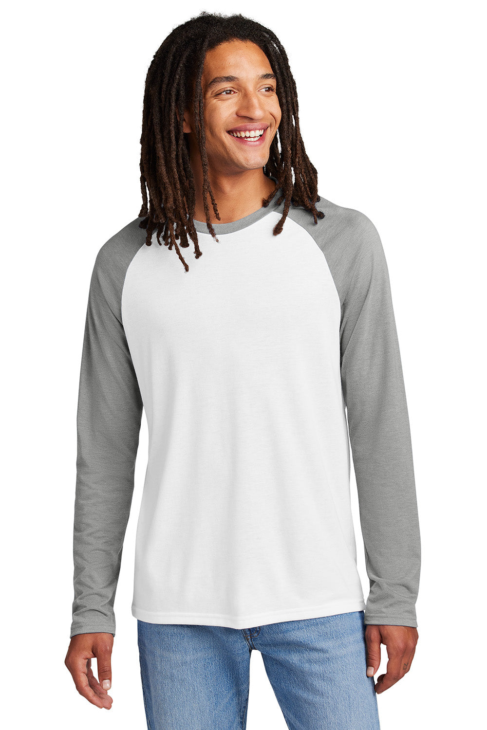 Allmade AL6009 Mens Colorblock Long Sleeve Crewneck T-Shirt Aluminum Grey/Bright White Model Front