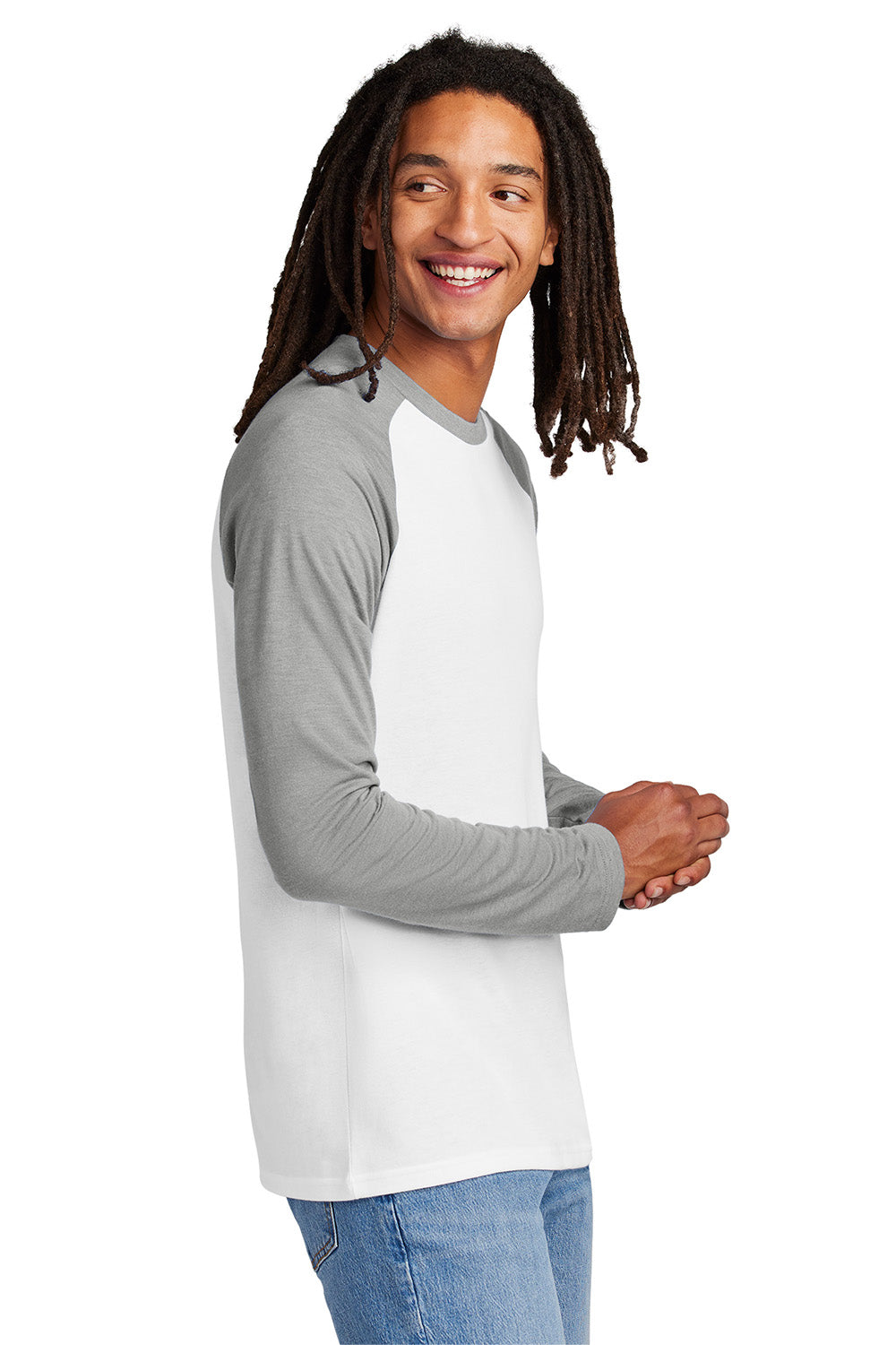 Allmade AL6009 Mens Colorblock Long Sleeve Crewneck T-Shirt Aluminum Grey/Bright White Model Side