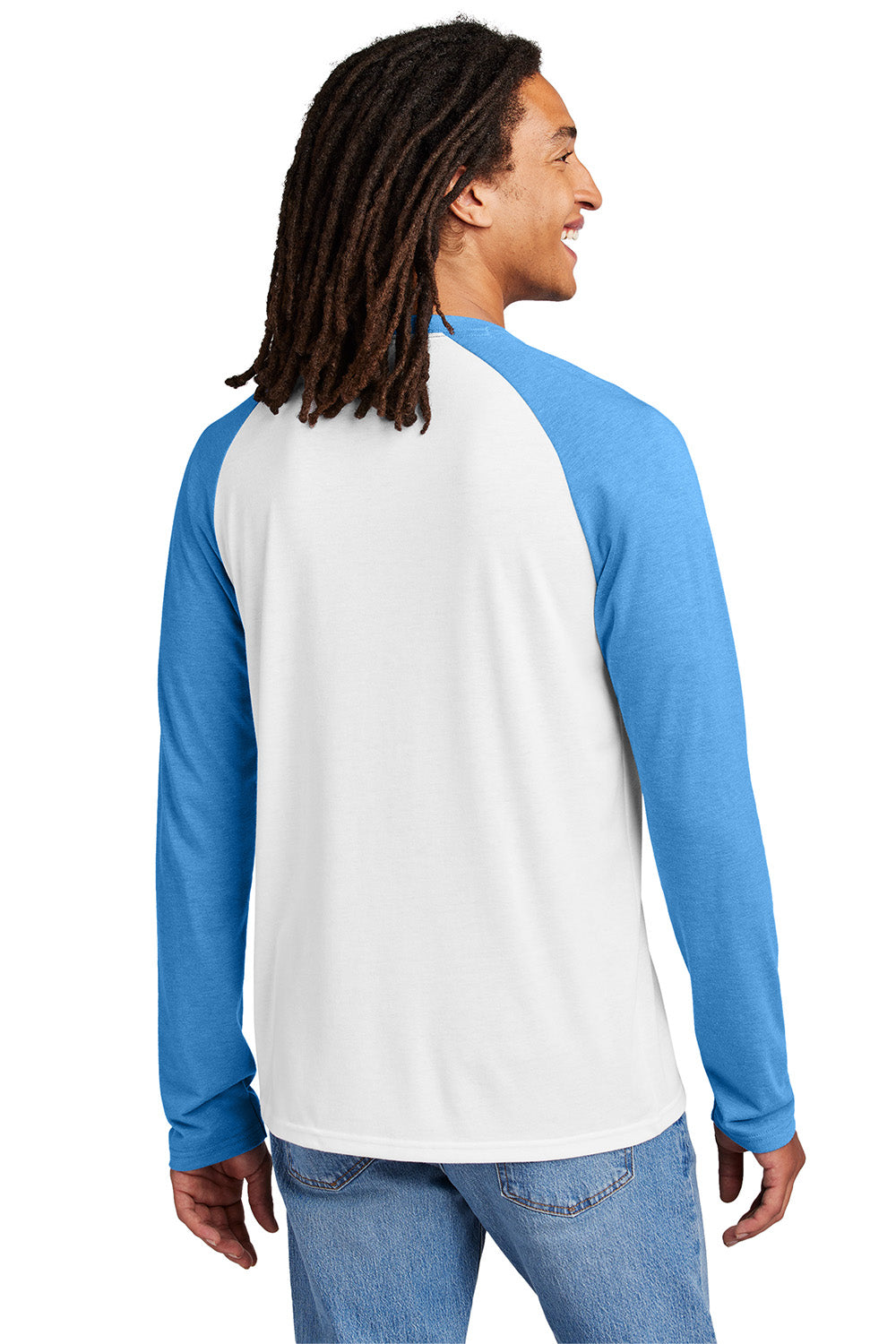 Allmade AL6009 Mens Colorblock Long Sleeve Crewneck T-Shirt Azure Blue/Bright White Model Back