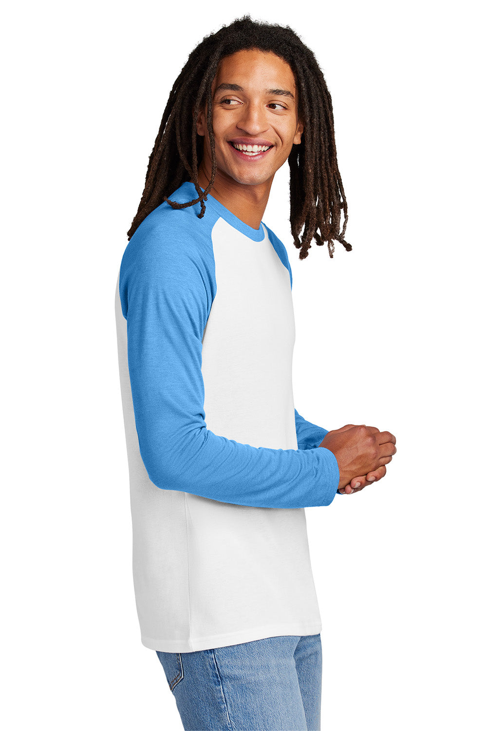 Allmade AL6009 Mens Colorblock Long Sleeve Crewneck T-Shirt Azure Blue/Bright White Model Side