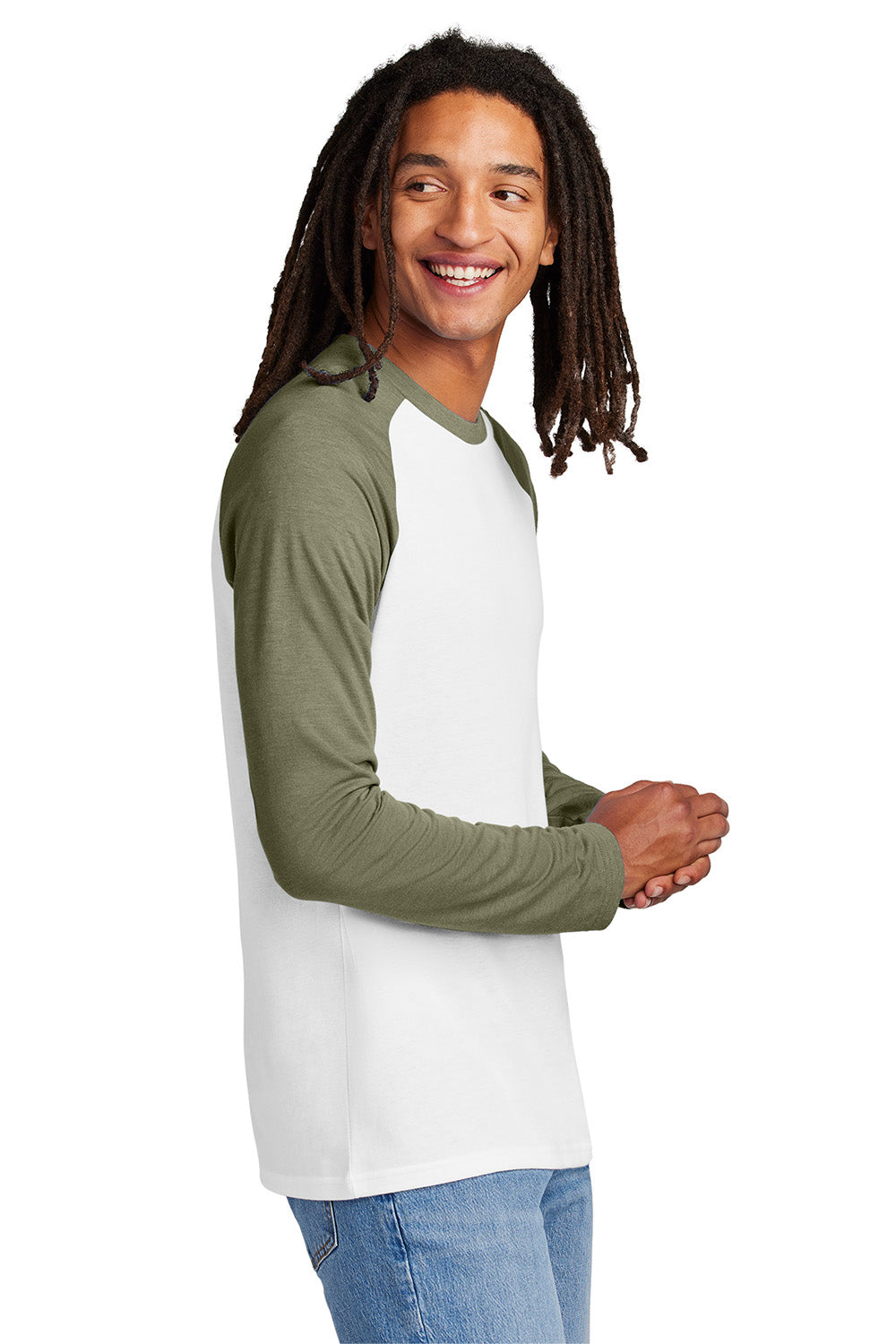 Allmade AL6009 Mens Colorblock Long Sleeve Crewneck T-Shirt Olive You Green/Bright White Model Side