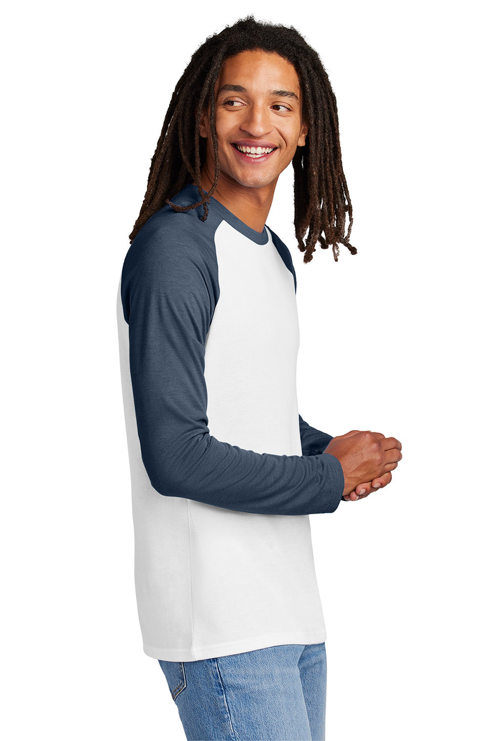 Allmade AL6009 Mens Colorblock Long Sleeve Crewneck T-Shirt Rebel Blue/Bright White Model Side