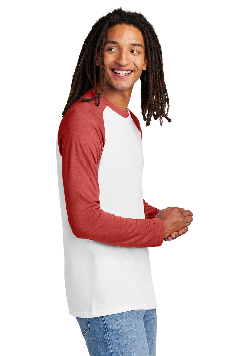 Allmade AL6009 Mens Colorblock Long Sleeve Crewneck T-Shirt Rise Up Red/Bright White Model Side