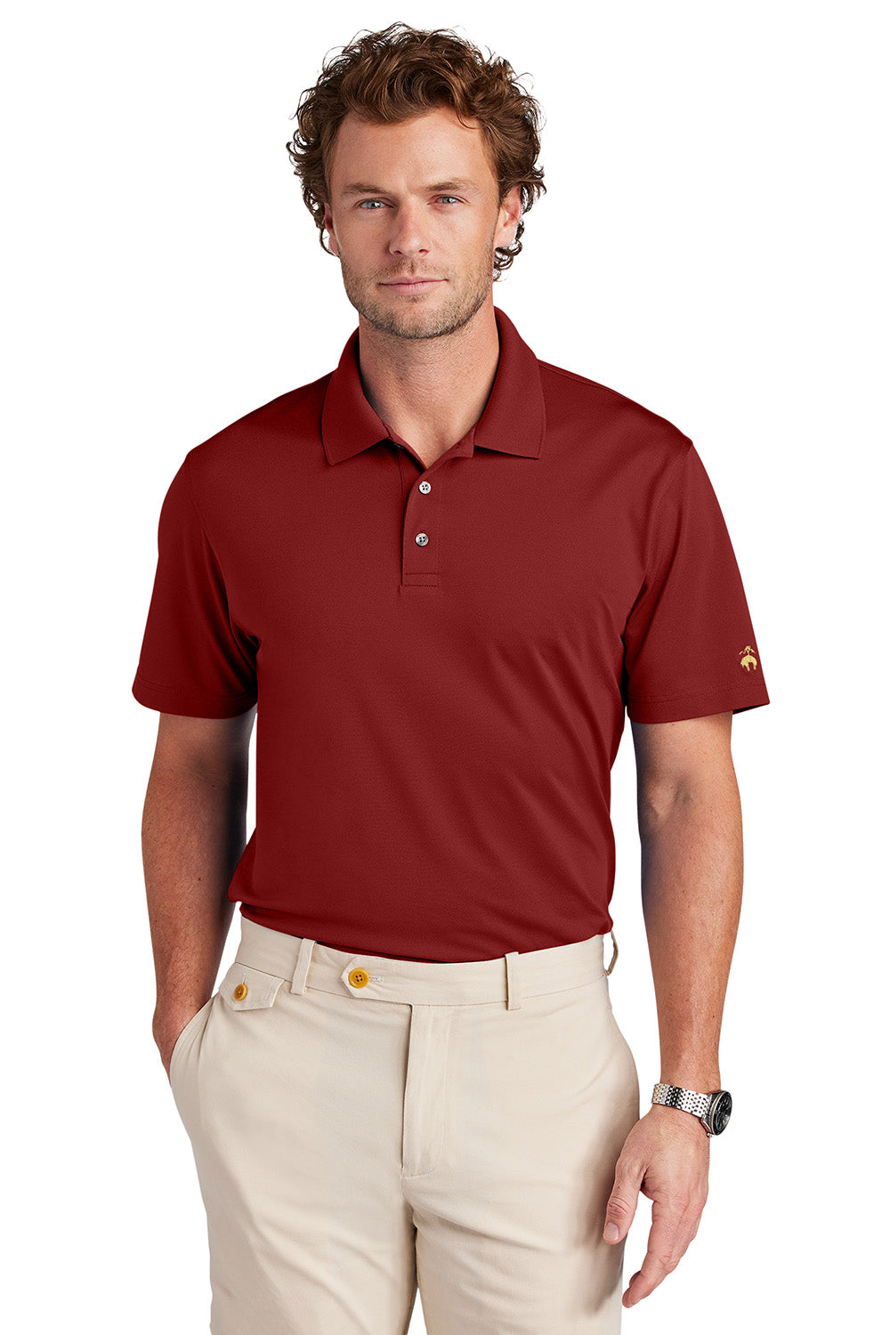 Brooks Brothers BB18220 Mens Performance Mesh Pique Short Sleeve Polo Shirt Rich Red Model Front