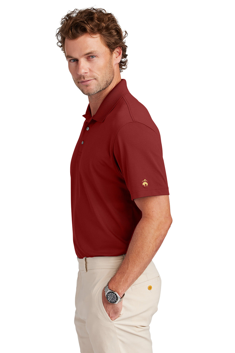 Brooks Brothers BB18220 Mens Performance Mesh Pique Short Sleeve Polo Shirt Rich Red Model Side