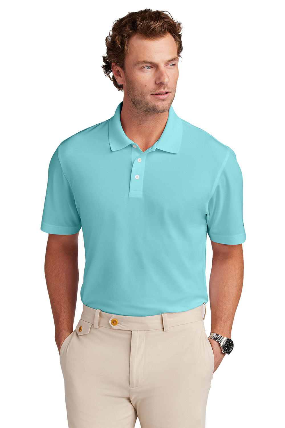 Brooks Brothers BB18220 Mens Performance Mesh Pique Short Sleeve Polo Shirt Soft Mint Model Front