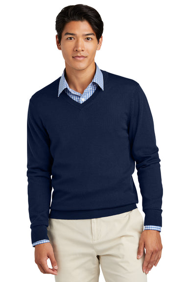 Brooks Brothers BB18410 Mens Merino Long Sleeve V-Neck Sweater Navy Blue Blazer Model Front