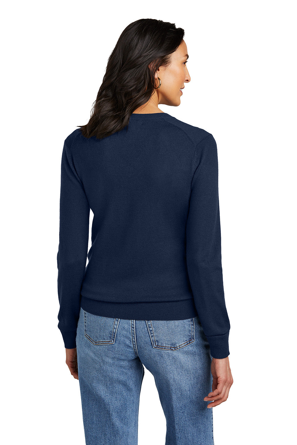 Brooks Brothers BB18411 Womens Merino Long Sleeve V-Neck Sweater Navy Blue Blazer Model Back