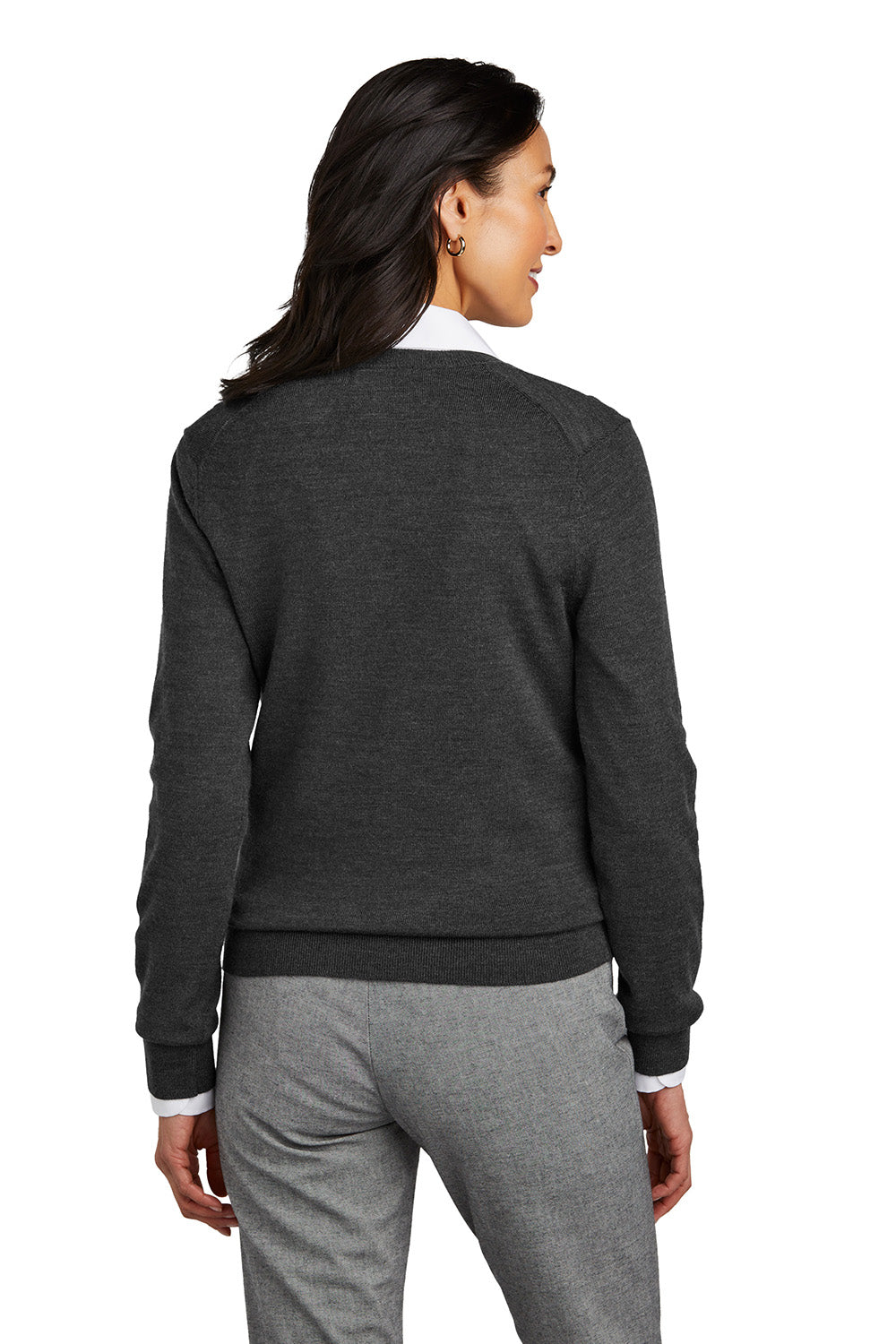 Brooks Brothers BB18411 Womens Merino Long Sleeve V-Neck Sweater Heather Windsor Grey Model Back