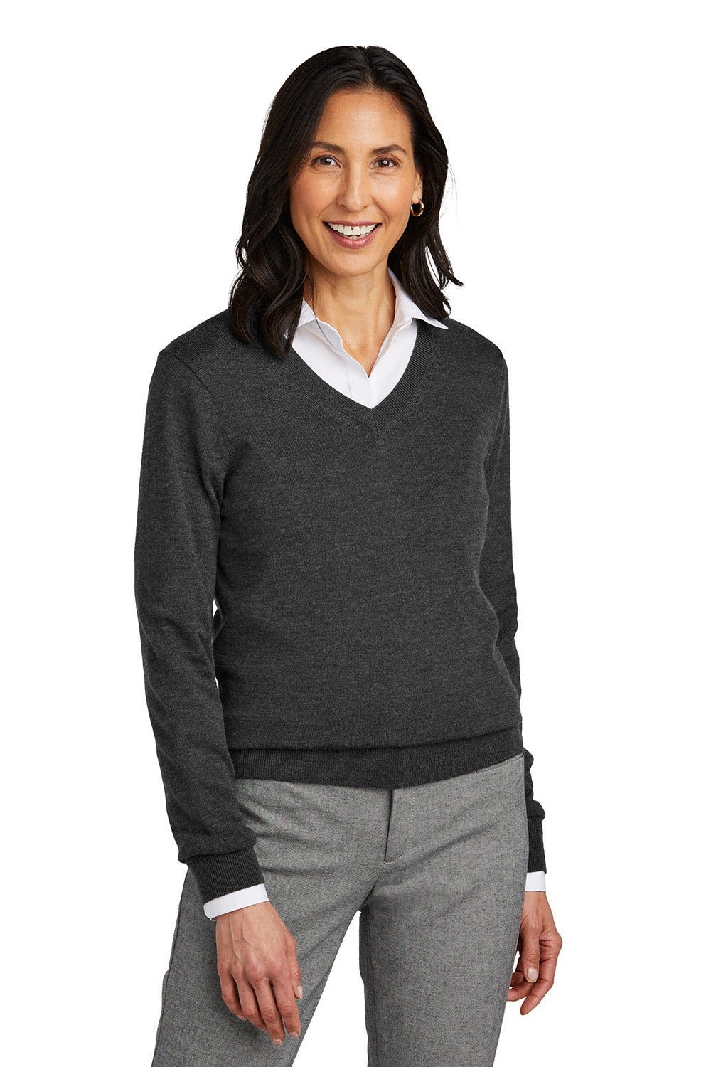 Brooks Brothers BB18411 Womens Merino Long Sleeve V-Neck Sweater Heather Windsor Grey Model Front