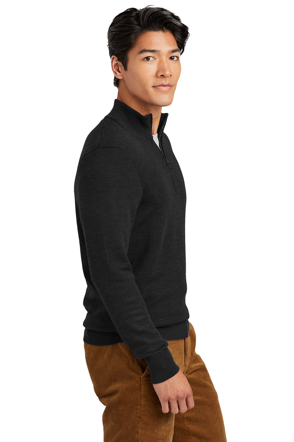 Brooks Brothers BB18412 Mens Merino Birdseye Long Sleeve 1/4 Zip Sweater Deep Black Model Side