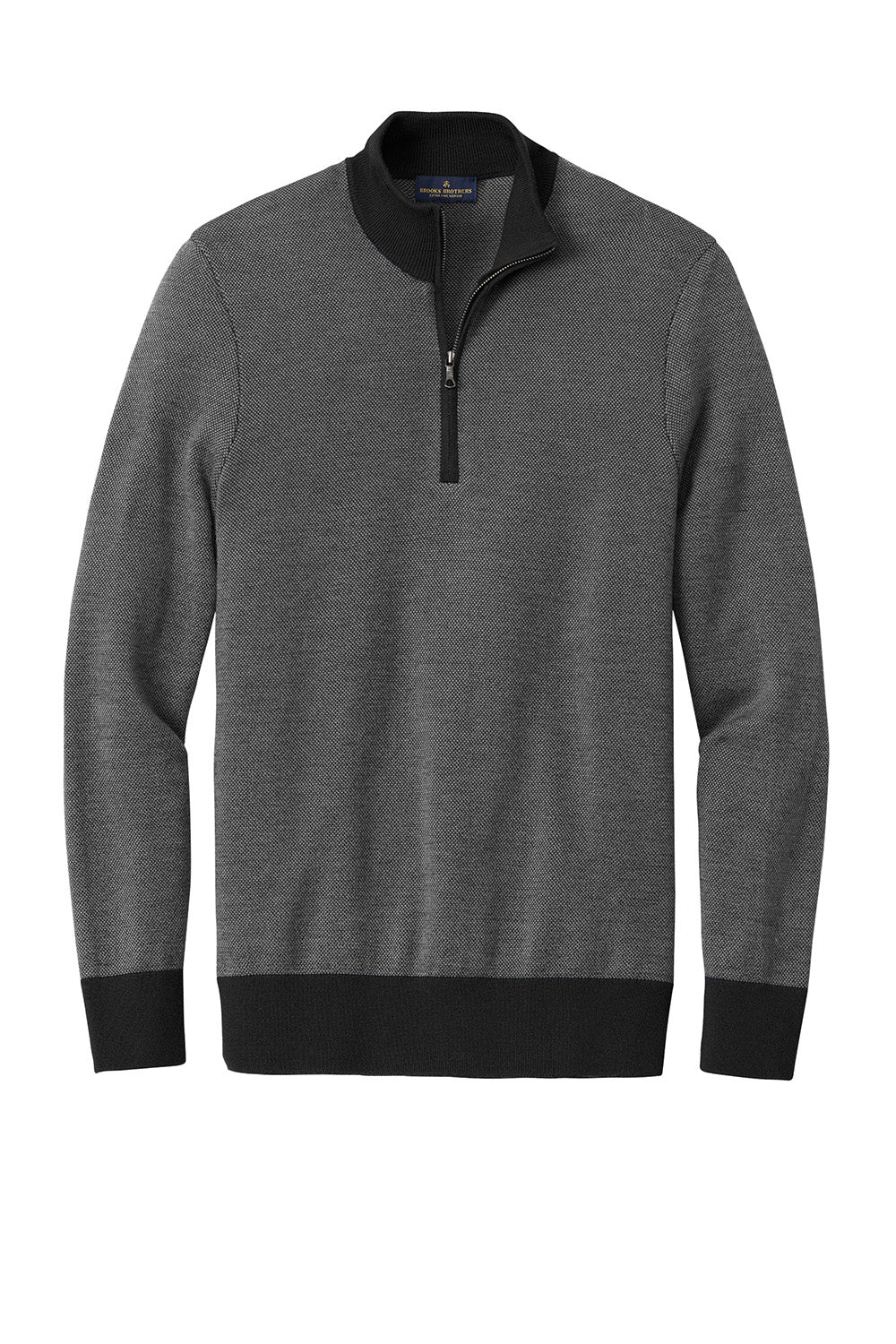 Brooks Brothers BB18412 Mens Merino Birdseye Long Sleeve 1/4 Zip Sweater Deep Black/Shadow Grey Flat Front