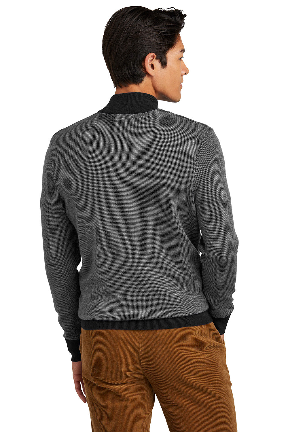 Brooks Brothers BB18412 Mens Merino Birdseye Long Sleeve 1/4 Zip Sweater Deep Black/Shadow Grey Model Back