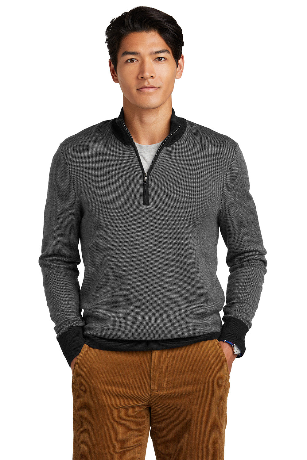 Brooks Brothers BB18412 Mens Merino Birdseye Long Sleeve 1/4 Zip Sweater Deep Black/Shadow Grey Model Front