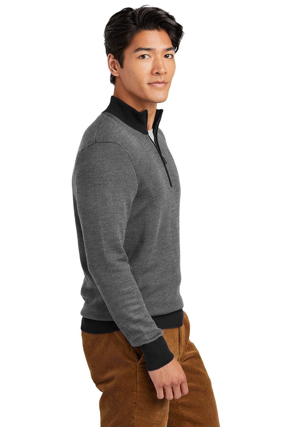 Brooks Brothers BB18412 Mens Merino Birdseye Long Sleeve 1/4 Zip Sweater Deep Black/Shadow Grey Model Side