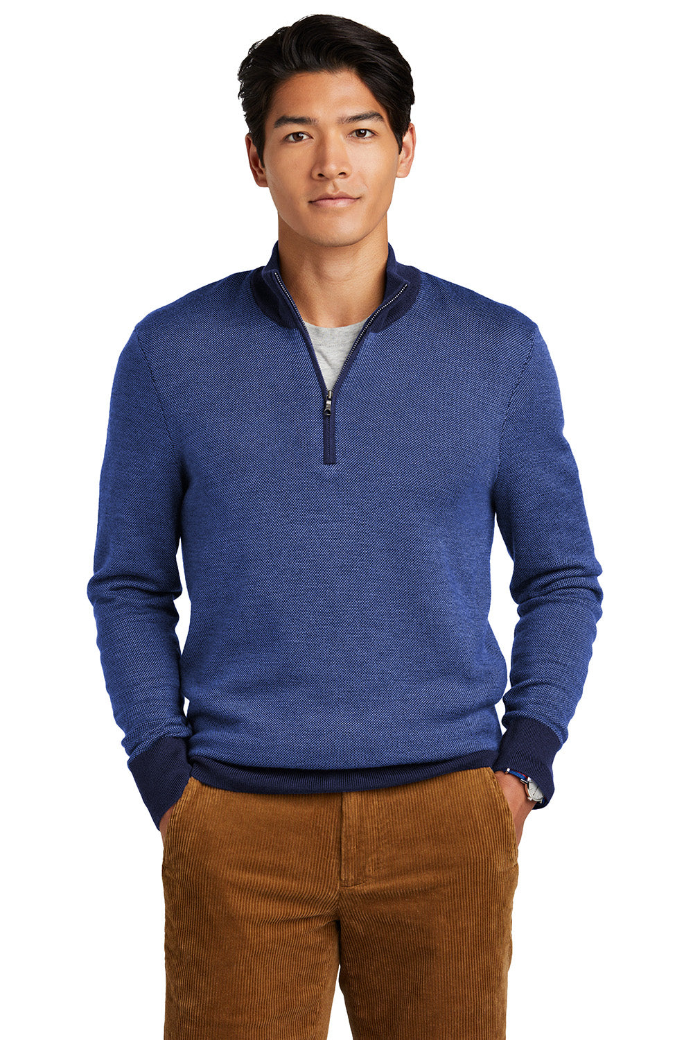 Brooks Brothers BB18412 Mens Merino Birdseye Long Sleeve 1/4 Zip Sweater Navy Blue/Compass Blue Model Front