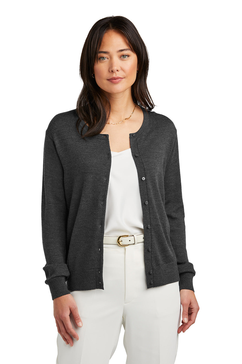 Brooks Brothers BB18413 Womens Merino Long Sleeve Cardigan Sweater Heather Windsor Grey Model Front