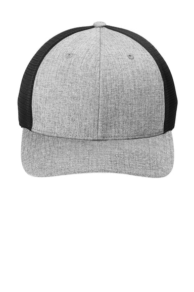 Port Authority C110 Mens Mesh Flexfit Hat Heather Silver Grey/Black Flat Front