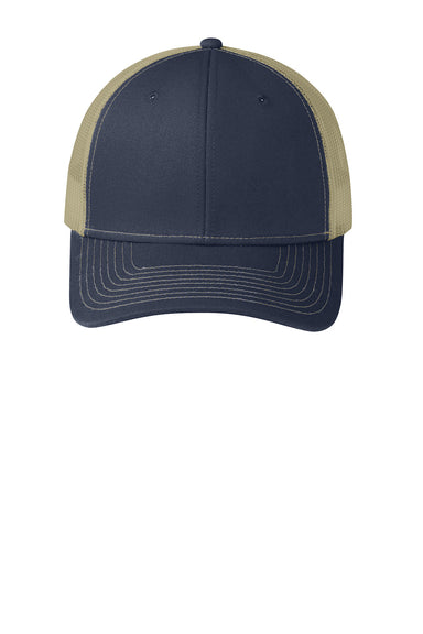 Port Authority C112 Mens Adjustable Trucker Hat Rich Navy Blue/True Khaki Brown Flat Front