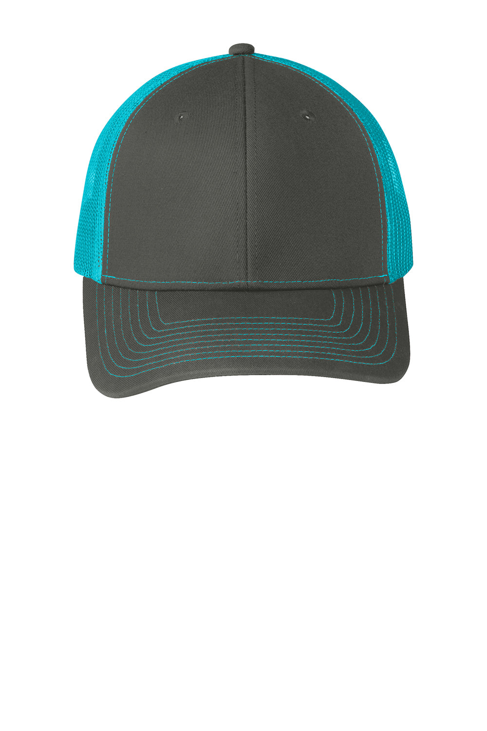 Port Authority C112 Adjustable Trucker Hat Steel Grey/Neon Blue Flat Front