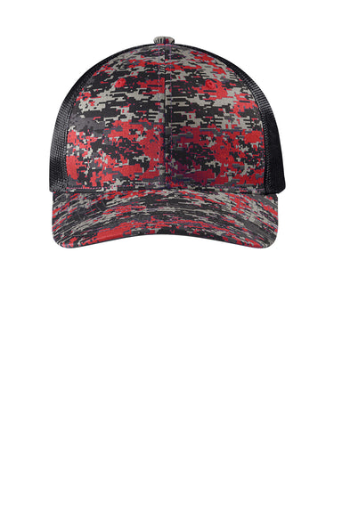 Port Authority C114 Digi Camo Snapback Trucker Hat Flame Red Digital Camo/Steel Grey Flat Front