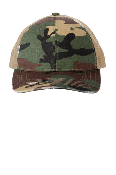 Port Authority C600 Distressed Mesh Back Adjustable Hat Military Camo/Khaki Flat Front