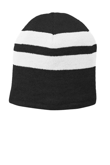 Port & Company C922 Mens Fleece Lined Striped Beanie Black/White Flat Front