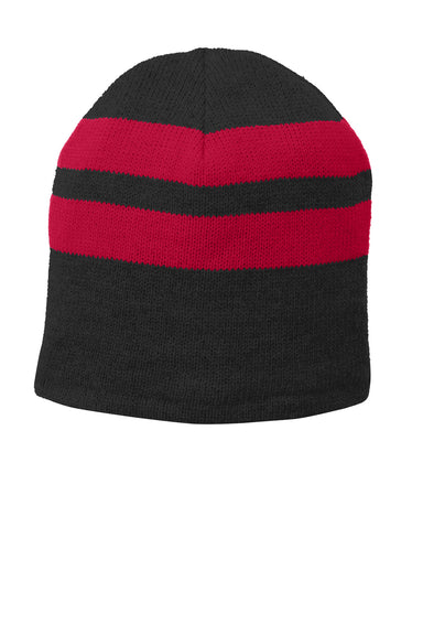 Port & Company C922 Mens Fleece Lined Striped Beanie Black/Athletic Red Flat Front