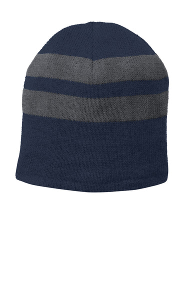 Port & Company C922 Mens Fleece Lined Striped Beanie Navy Blue/Athletic Oxford Grey Flat Front