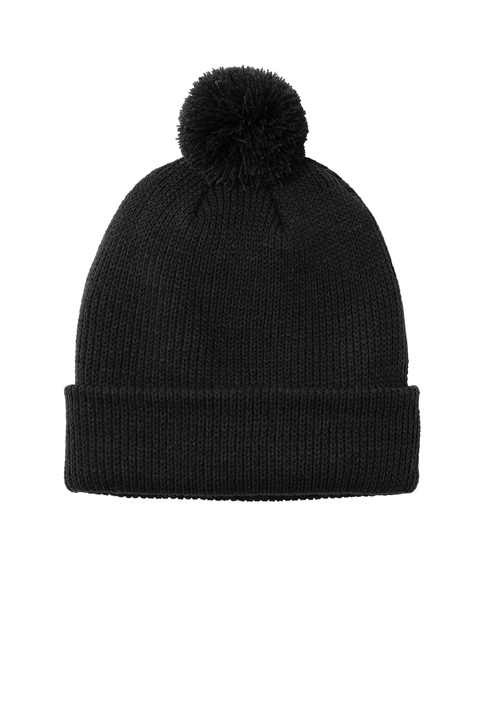 Port Authority C978 Mens Cozy Pom Beanie Deep Black Flat Front