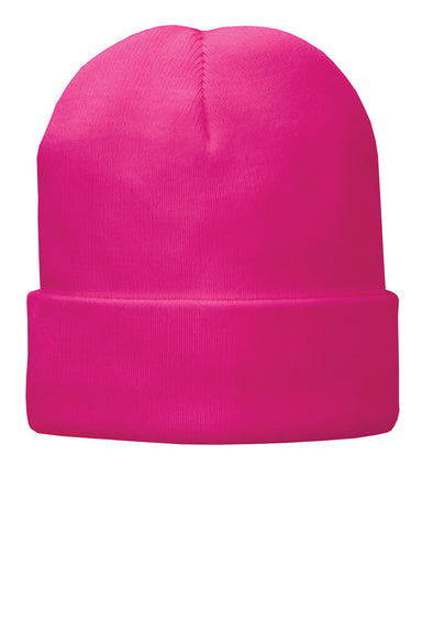 Port & Company CP90L Mens Fleece Lined Knit Beanie Neon Pink Glo Flat Front