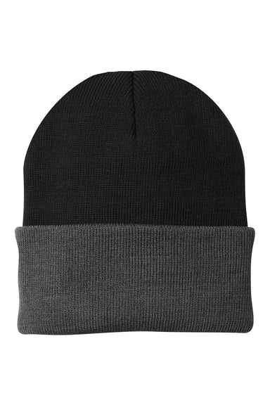 Port & Company CP90 Mens Knit Beanie Black/Athletic Oxford Grey Flat Front