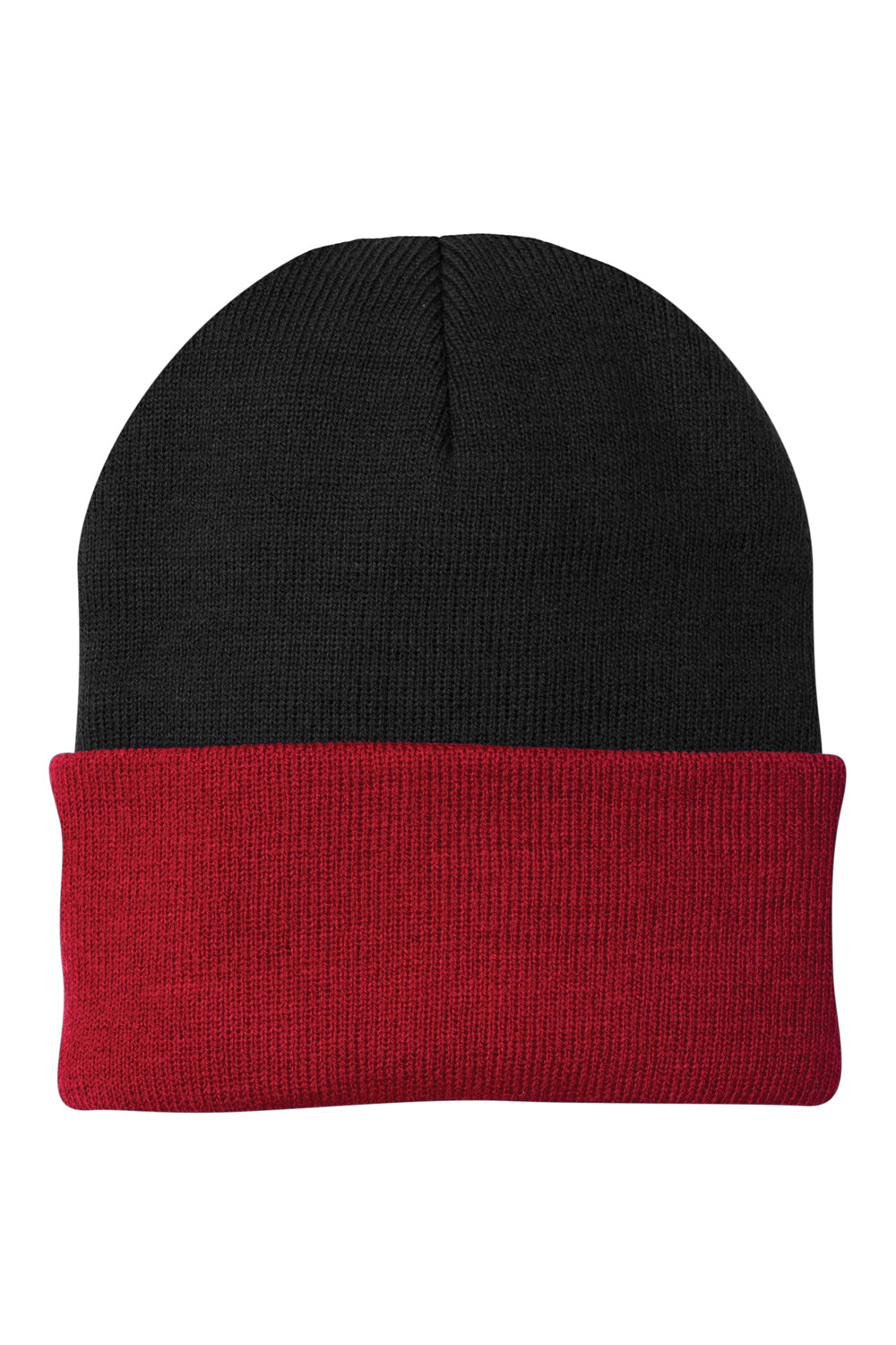 Port & Company CP90 Mens Knit Beanie Black/Athletic Red Flat Front