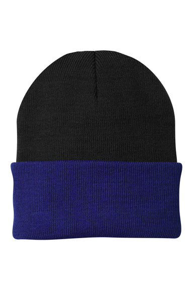 Port & Company CP90 Mens Knit Beanie Black/Athletic Royal Blue Flat Front