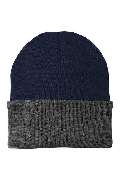 Port & Company CP90 Mens Knit Beanie Navy Blue/Athletic Oxford Grey Flat Front