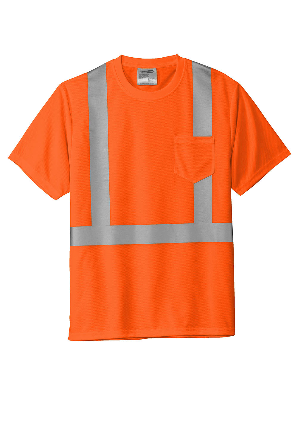 CornerStone CS200 Mens ANSI 107 Class 2 Moisture Wicking Short Sleeve Crewneck T-Shirt w/ Pocket Safety Orange Flat Front