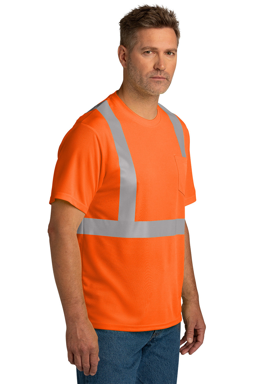 CornerStone CS200 Mens ANSI 107 Class 2 Moisture Wicking Short Sleeve Crewneck T-Shirt w/ Pocket Safety Orange Model 3q