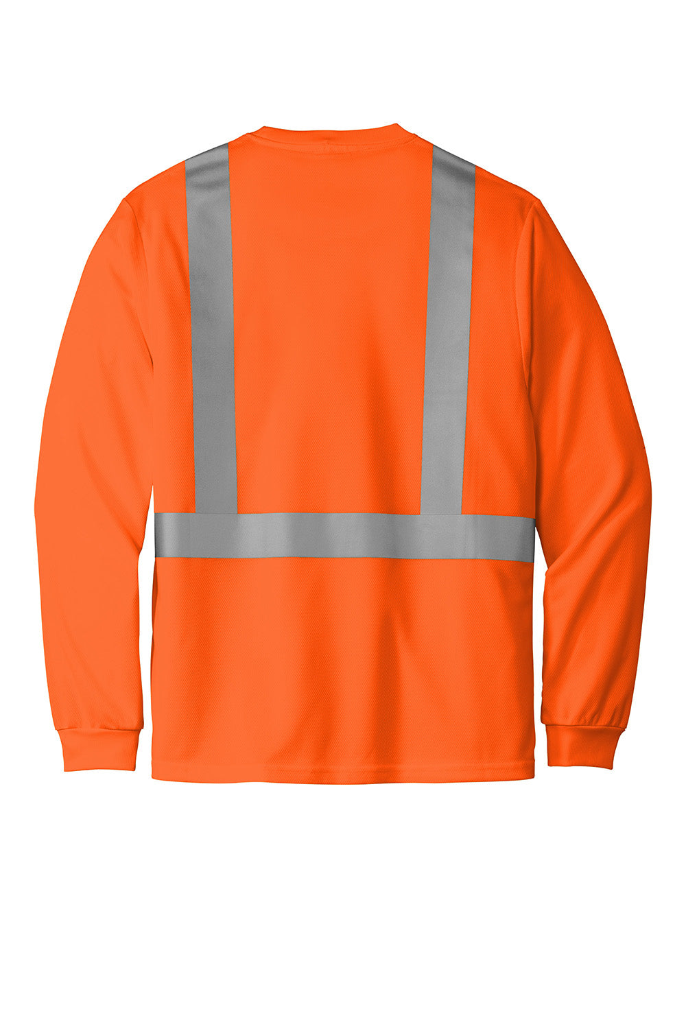 CornerStone CS201 Mens ANSI 107 Class 2 Moisture Wicking Long Sleeve Crewneck T-Shirt w/ Pocket Safety Orange Flat Back