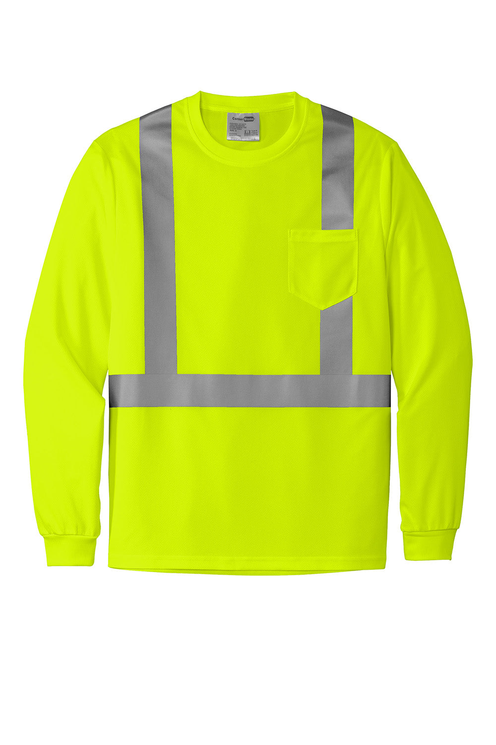 CornerStone CS201 Mens ANSI 107 Class 2 Moisture Wicking Long Sleeve Crewneck T-Shirt w/ Pocket Safety Yellow Flat Front