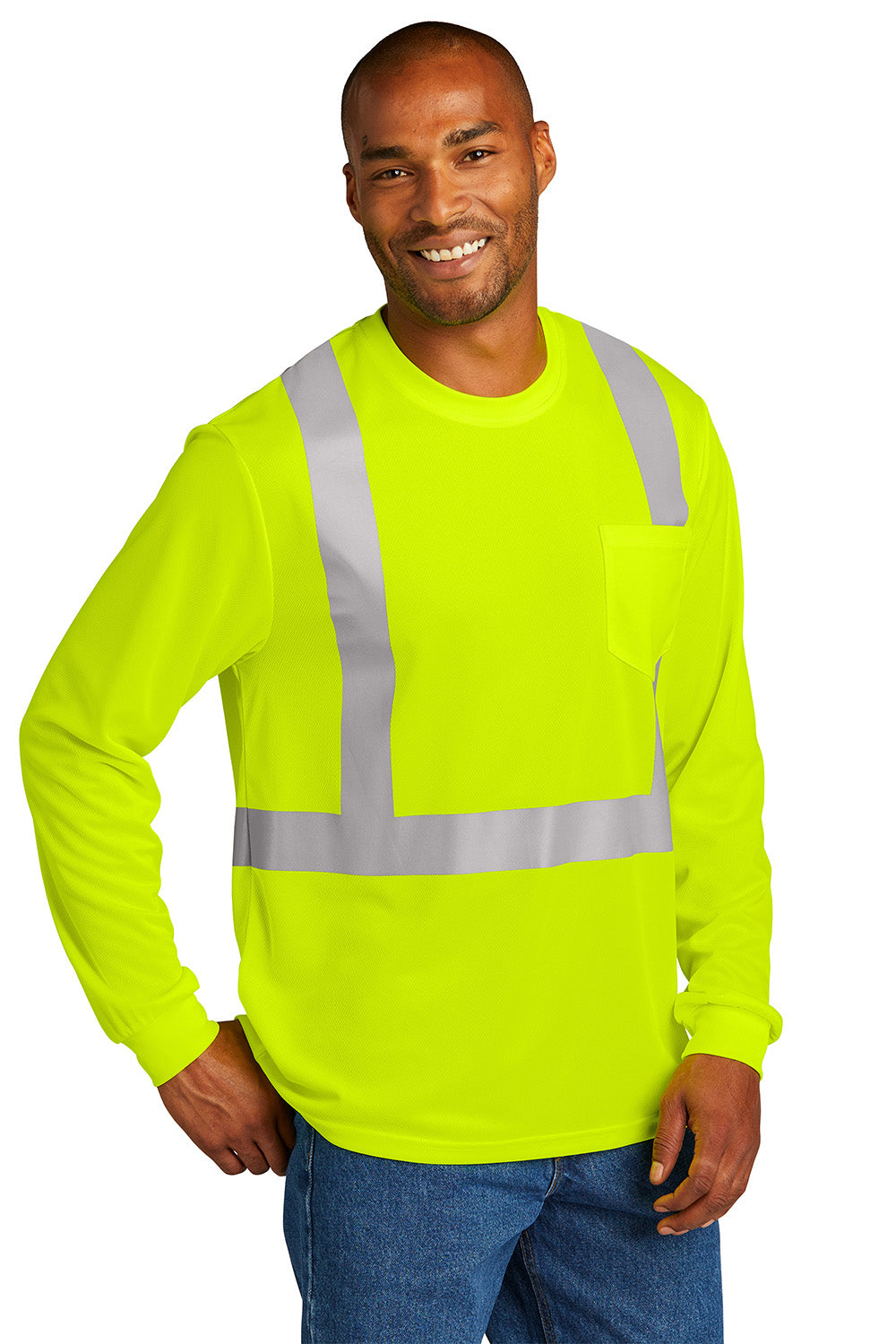 CornerStone CS201 Mens ANSI 107 Class 2 Moisture Wicking Long Sleeve Crewneck T-Shirt w/ Pocket Safety Yellow Model 3q