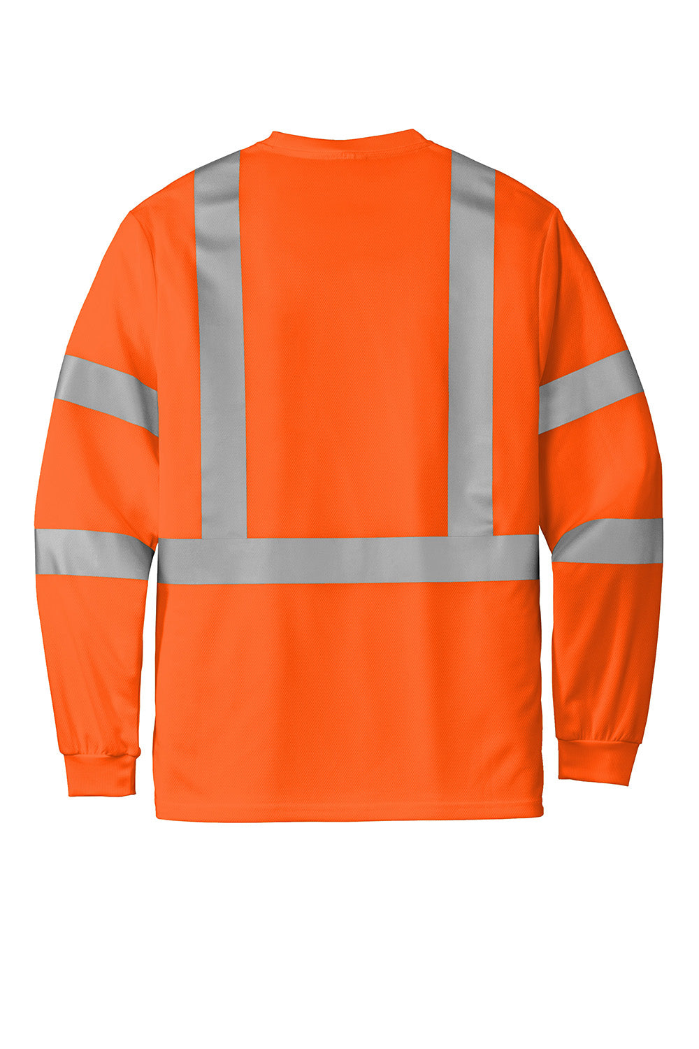 CornerStone CS203 Mens ANSI 107 Class 3 Moisture Wicking Long Sleeve Crewneck T-Shirt w/ Pocket Safety Orange Flat Back