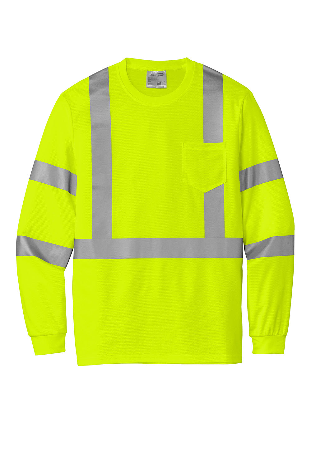 CornerStone CS203 Mens ANSI 107 Class 3 Moisture Wicking Long Sleeve Crewneck T-Shirt w/ Pocket Safety Yellow Flat Front