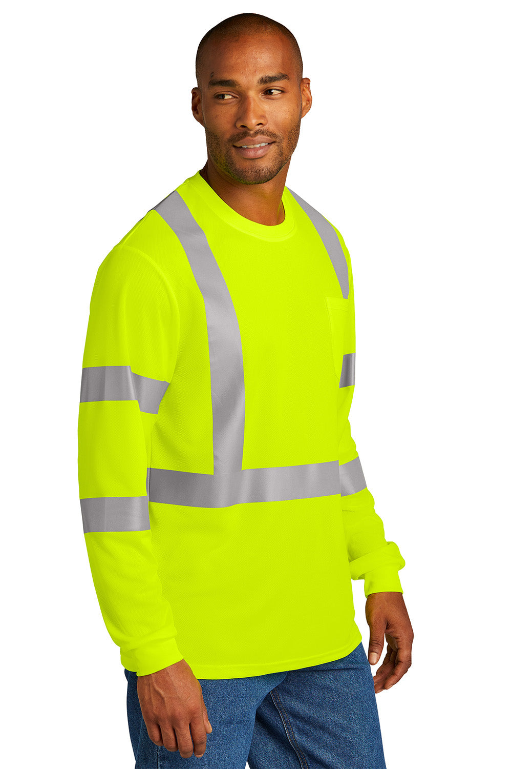 CornerStone CS203 Mens ANSI 107 Class 3 Moisture Wicking Long Sleeve Crewneck T-Shirt w/ Pocket Safety Yellow Model 3q