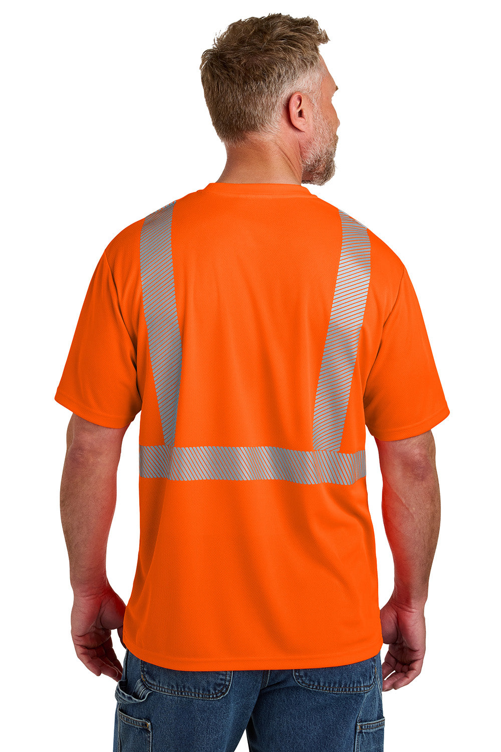 CornerStone CS204 Mens ANSI 107 Class 2 Segmented Tape Short Sleeve Crewneck T-Shirt w/ Pocket Safety Orange Model Back