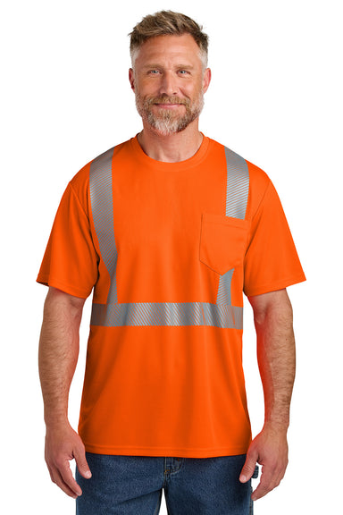 CornerStone CS204 Mens ANSI 107 Class 2 Segmented Tape Short Sleeve Crewneck T-Shirt w/ Pocket Safety Orange Model Front