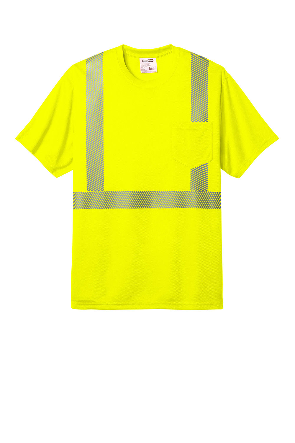 CornerStone CS204 Mens ANSI 107 Class 2 Segmented Tape Short Sleeve Crewneck T-Shirt w/ Pocket Safety Yellow Flat Front