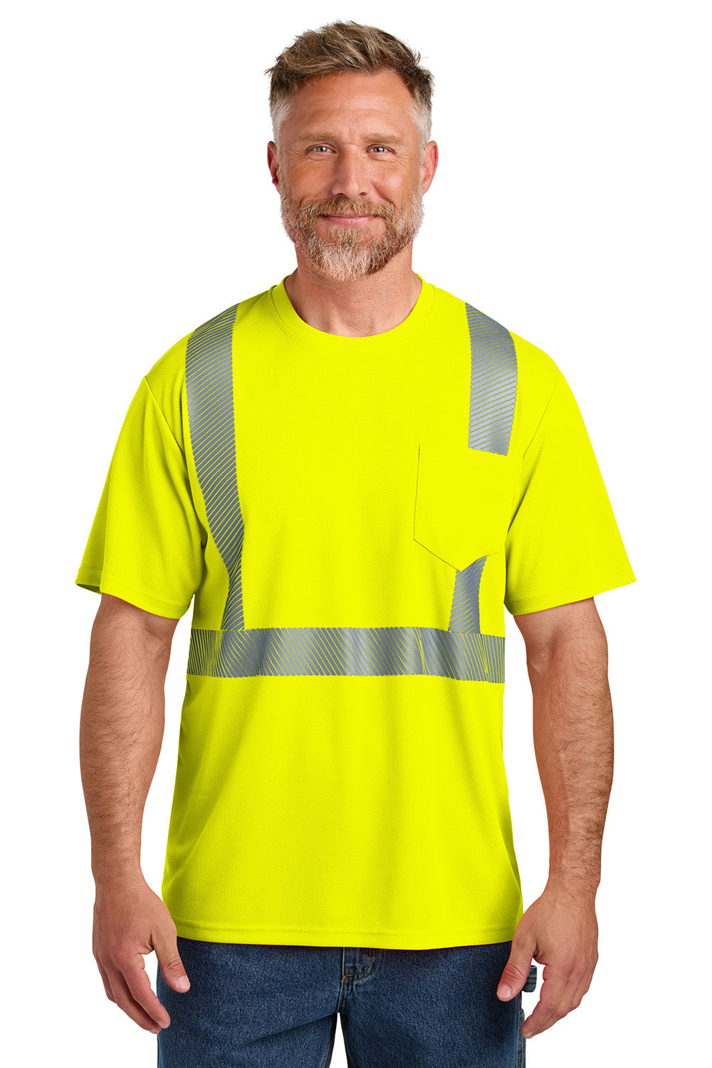 CornerStone CS204 Mens ANSI 107 Class 2 Segmented Tape Short Sleeve Crewneck T-Shirt w/ Pocket Safety Yellow Model Front