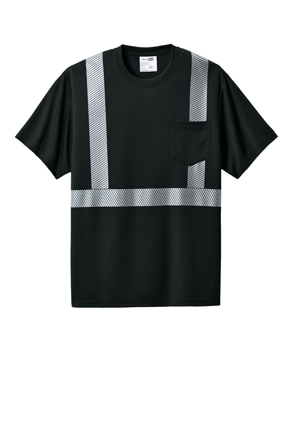 CornerStone CS206 Mens Enhanced Visibility Segmented Tape Short Sleeve Crewneck T-Shirt w/ Pocket Black Flat Front