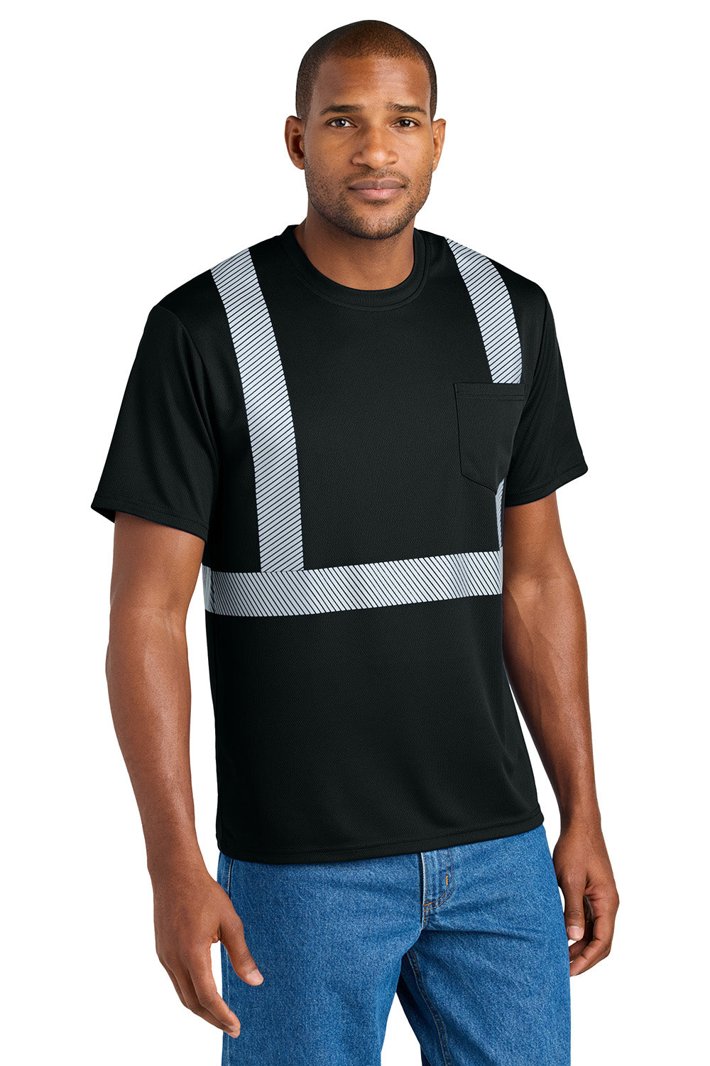 CornerStone CS206 Mens Enhanced Visibility Segmented Tape Short Sleeve Crewneck T-Shirt w/ Pocket Black Model Front